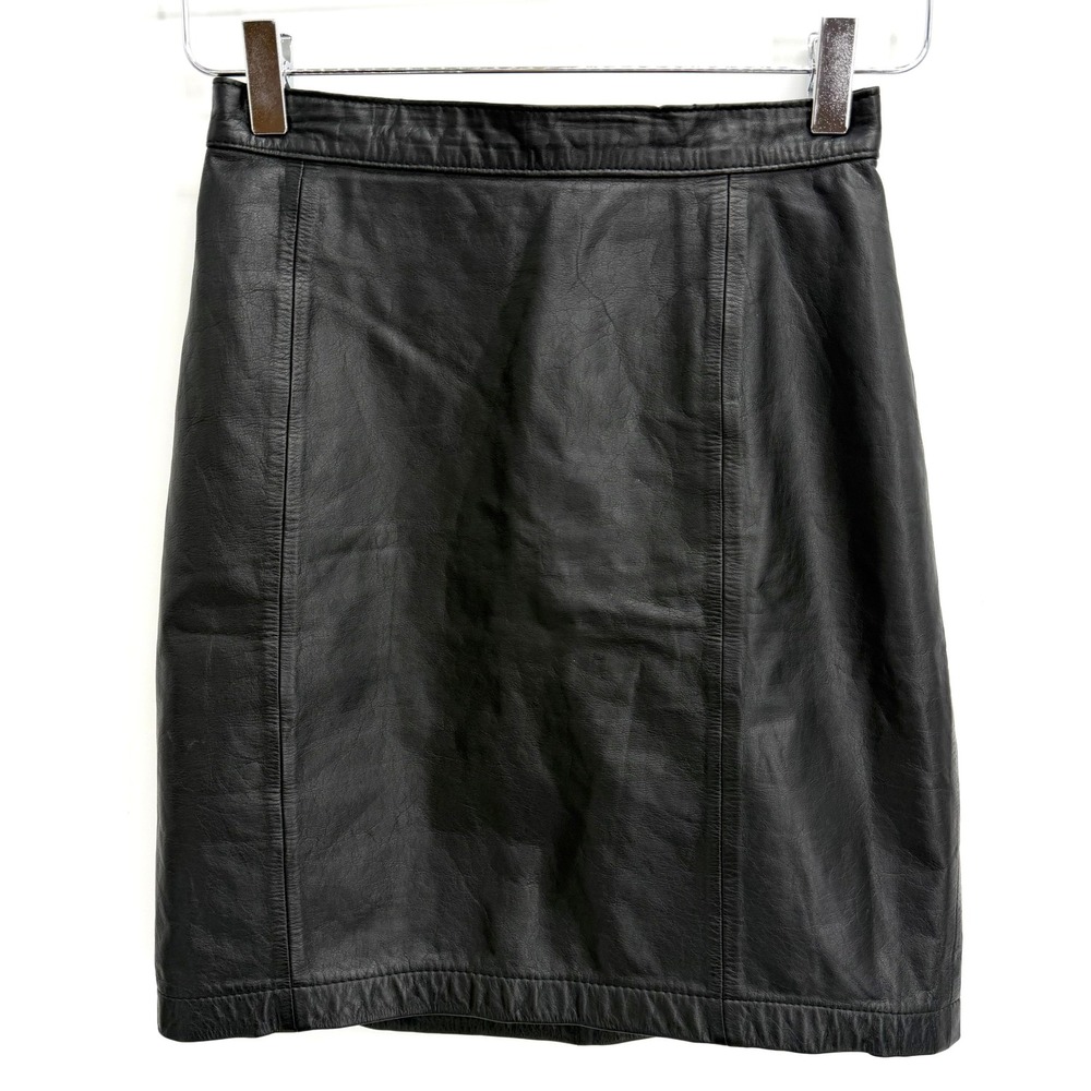 Byrnes & Baker Leather Mini Skirt High Waisted Size 4 Black Biker Goth Edgy Chic